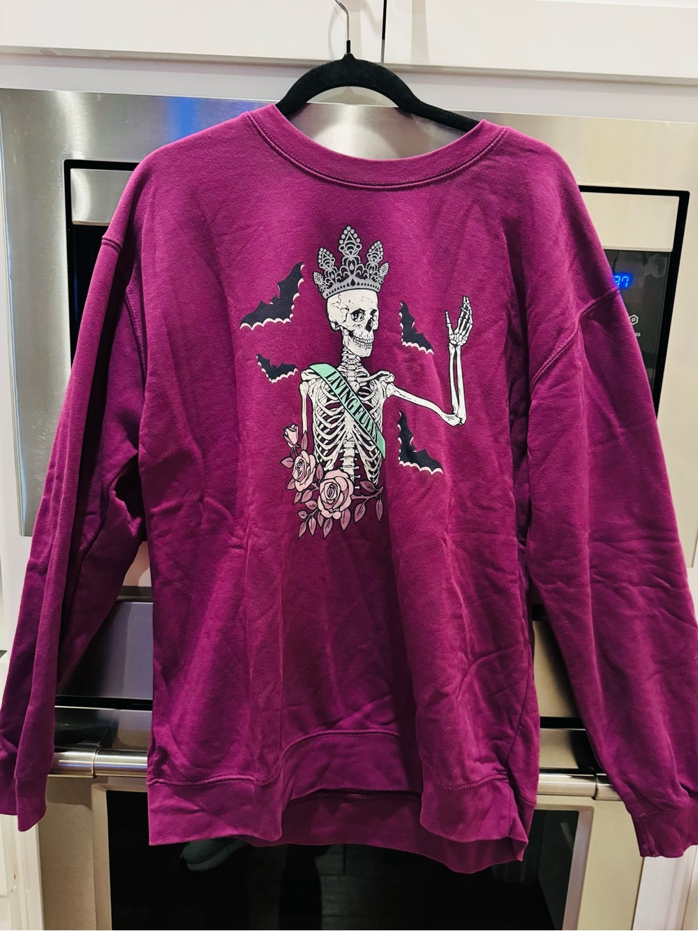 Women's Magenta Crewneck Sweatshirt with Skeleton & Rose Graphic